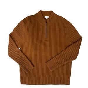 Mens Garnet Hill Orange Brown Rust Ribbed Cashmere Quarter Zip Sweater Size L